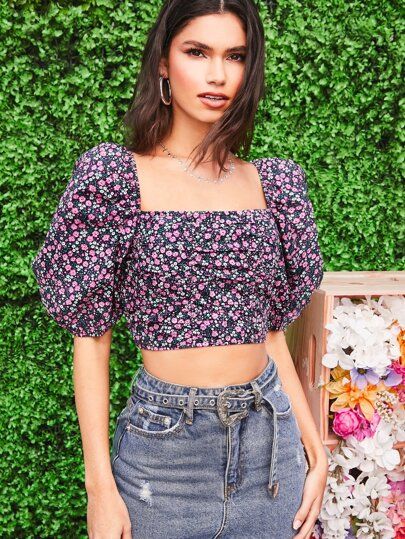 SHEIN Ditsy Floral Print Ruched Front Shirred Back Crop Top | SHEIN