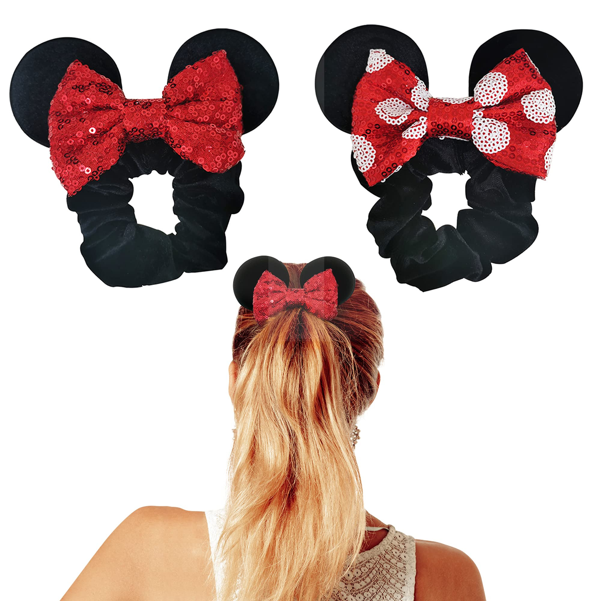 Styla Hair 2pk Mouse Ear Scrunchies for Kids Velvet Hair Bow Scrunchies for Women - Sparkle Sequi... | Amazon (US)