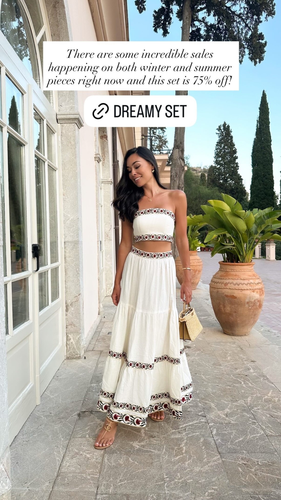 This skirt and top are 75% off! ROSEWATER set, Kat Jamieson style, summer outfit, spring outfit, what to wear in Italy. 

#LTKSeasonal #LTKSaleAlert #LTKTravel