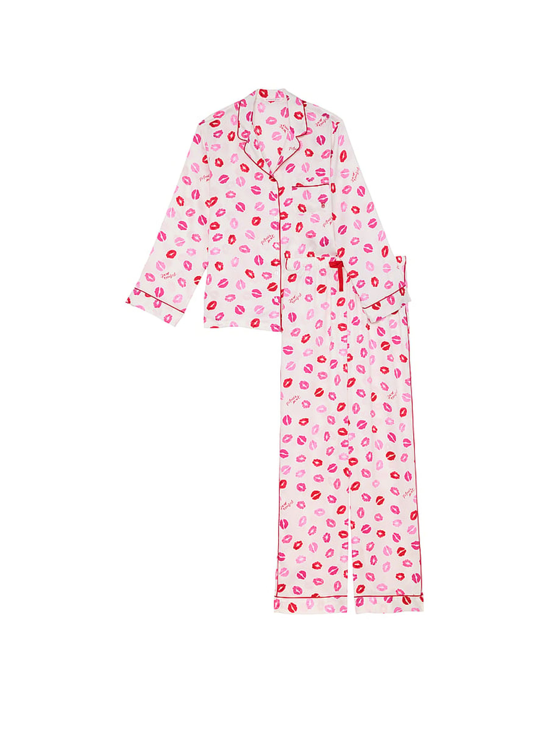 Coconut White/ Lipstick Pink Kisses Satin Long Pyjama Set | Victoria's Secret UK | Victoria's Secret UK