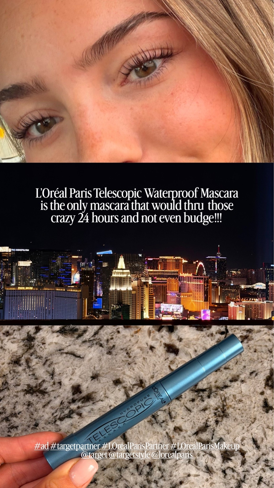 #Ad #LOrealParisPartner the L’Oréal Telescopic Waterproof Mascara from Target just passed the ultimate wear test 😭✈️🎶 24 hours in Vegas, 100 degree heat and a concert where I fully cried, not a single smudge. this mascara is undefeated 🤍 everything linked in my LTK @Target  @targetstyle  @loréalparis #LOrealParisMakeup #TargetPartner @ltk  #liketkit