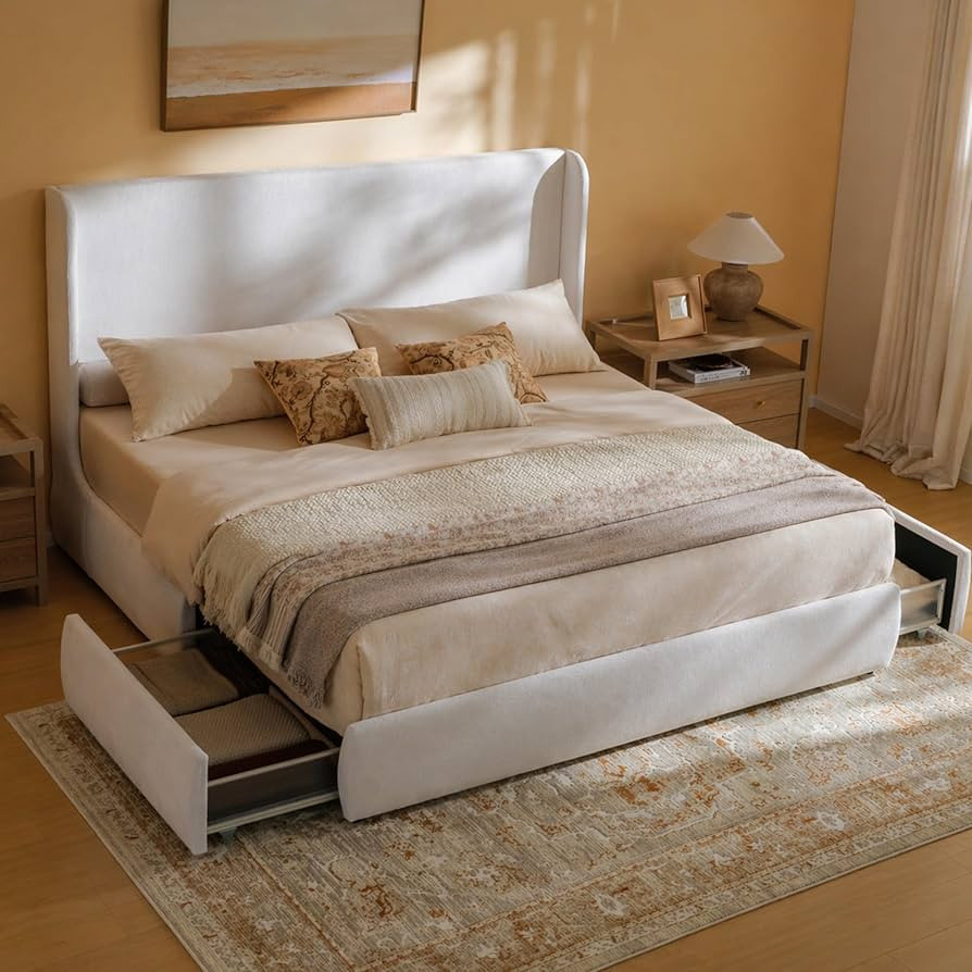 RECCI King Upholstered Wingback Bed Frame with Storage Drawers, 52\u201d Tall Cushioned Headboard... | Amazon (US)