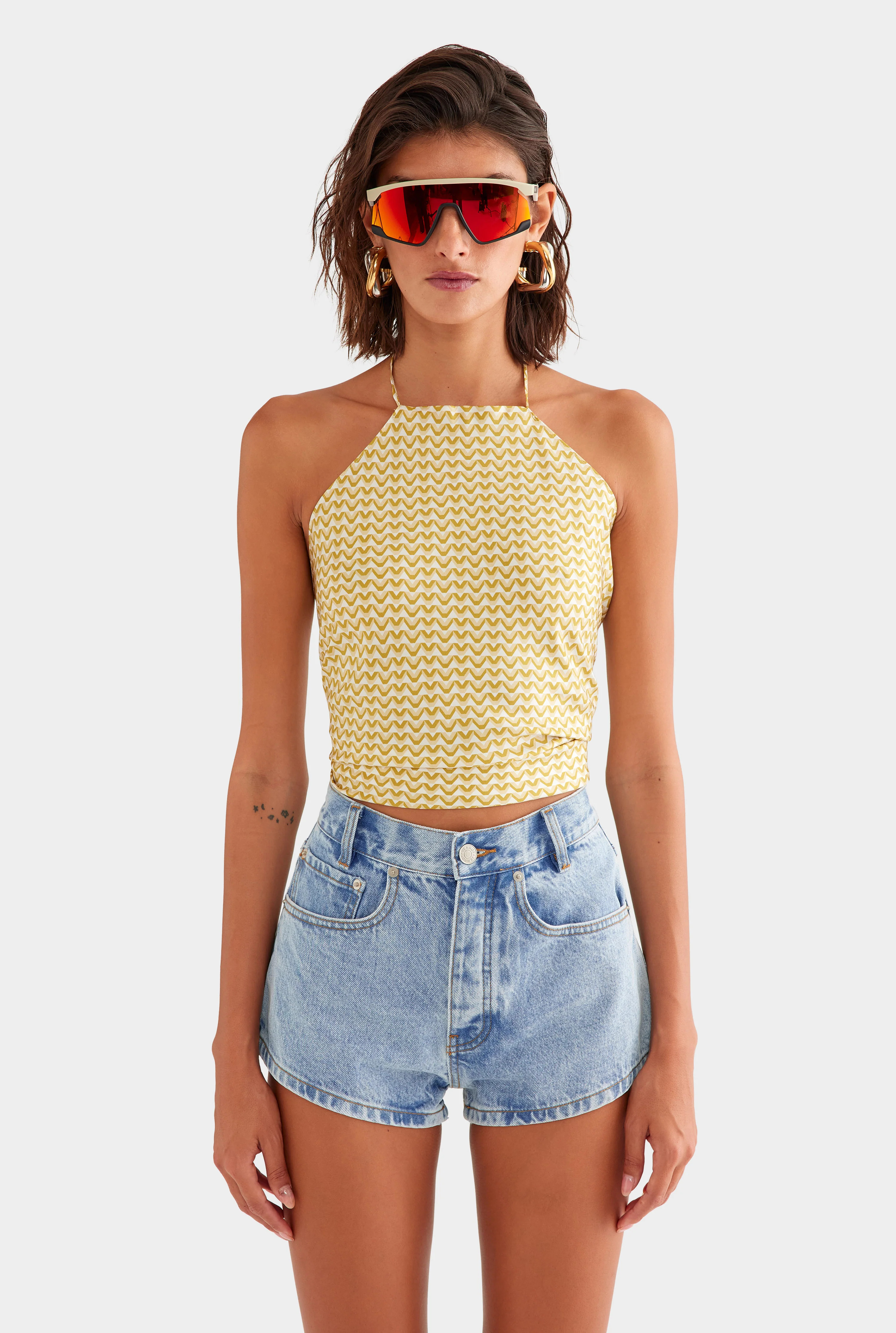 Silk Scarf Halter Top in Pale Yellow/Amber V Monogram | Venroy | Venroy AU