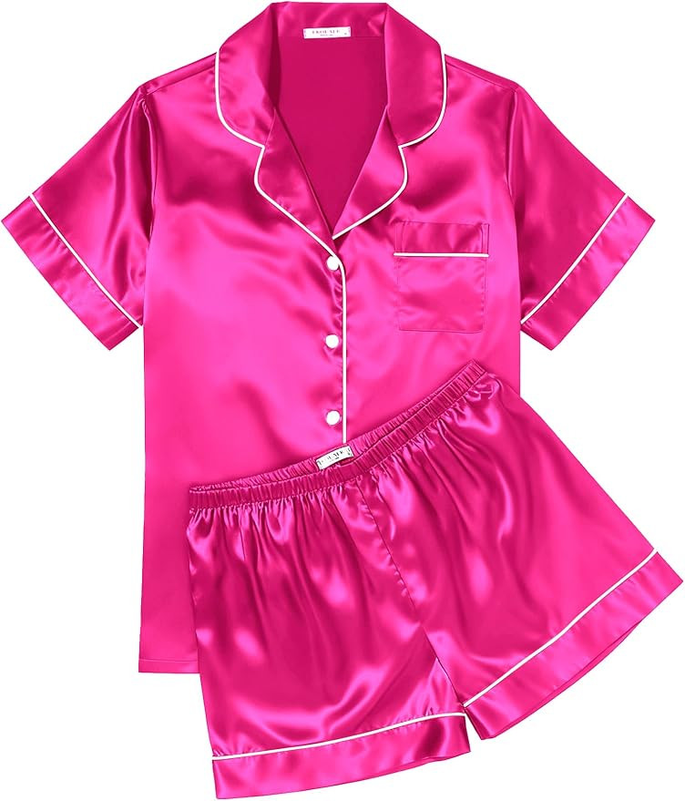 Ekouaer Womens Silk Satin Pajama Sets Soft Short Sleeve Button Down Sleepwear Top and Shorts 2 Pi... | Amazon (US)