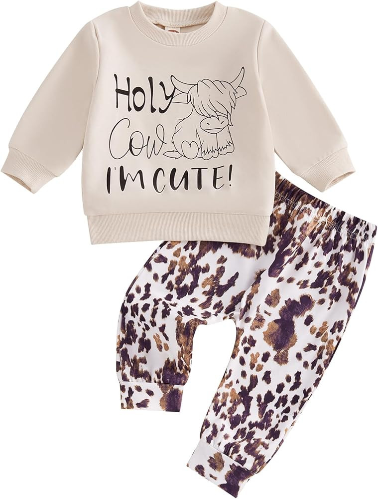 Western Baby Girl Boy Fall Clothes Holy Cow I'm Cute Sweatshirt Cow Print Pants Set 2Pcs Cowboy C... | Amazon (US)