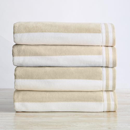 Great Bay Home 100% Cotton Velour 4 Pack Beach Towels 30" x 60" - Cabana Stripe Pool Towels - Quick Dry, Large Swim Towel (Linen) | Amazon (US)