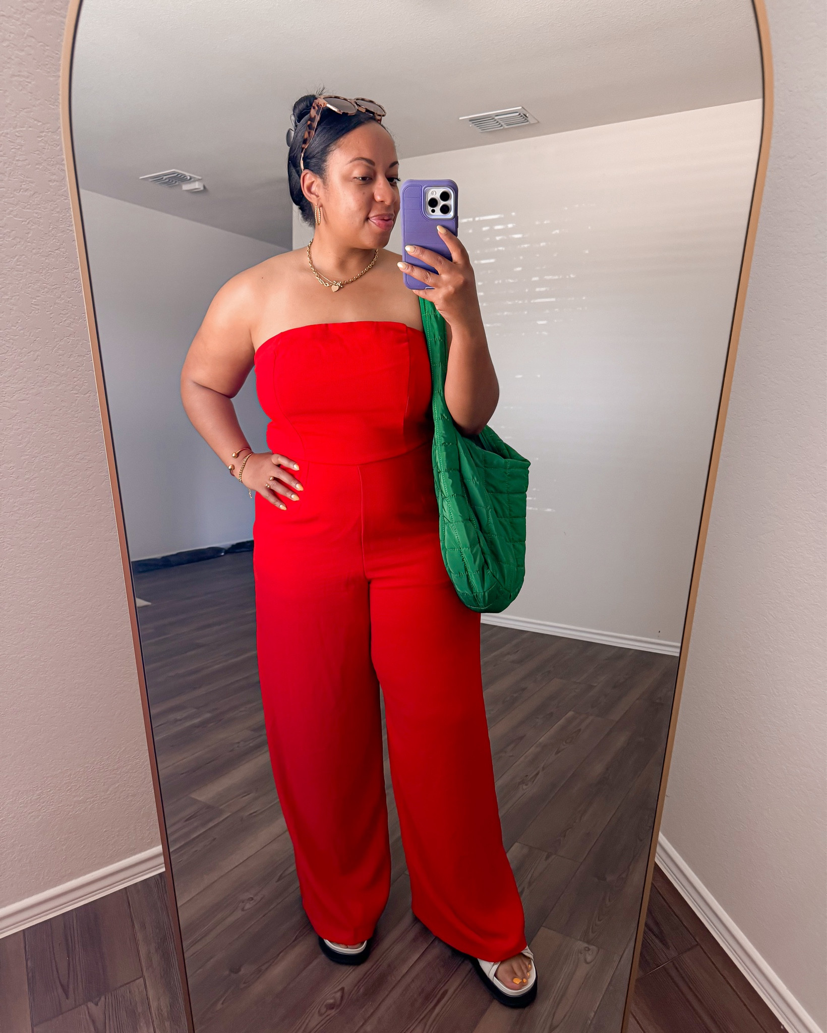 Red Wide leg tube jumpsuit, Kira Sport sling back sandal, green quilted shoulder bag, cat eye sunglassess

#LTKMidsize #LTKStyleTip #LTKSeasonal