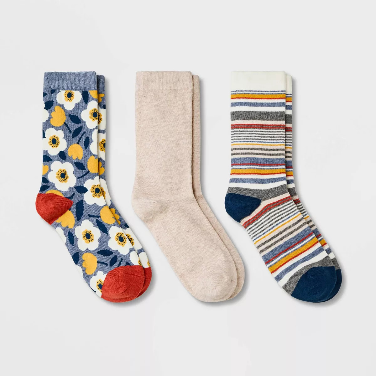 Women's 3pk Floral Print Crew Socks - A New Day™ Denim/Oatmeal 4-10 | Target