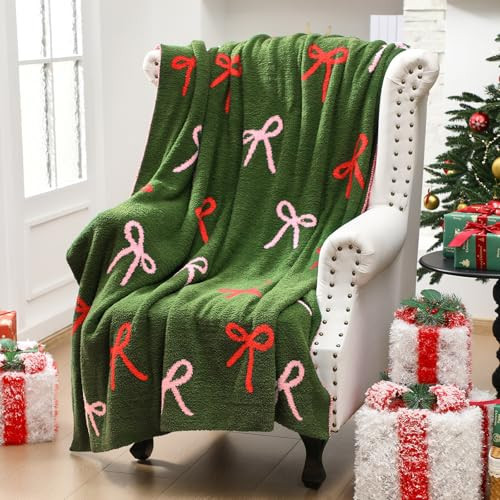 Remagr 50 x 70 Inch Christmas Coquette Bow Throw Blanket Christmas Coquette Gift for Women Feather Microfiber Xmas Throw Blanket for Xmas Living Room Sofa Bed Decor (Bow,Green) | Amazon (US)