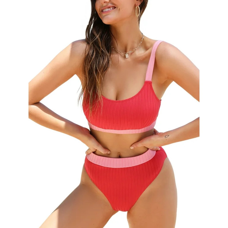 Cupshe Women's Rib Colorblock Bralette & Banded High Waist Red Bikini Set | Walmart (US)