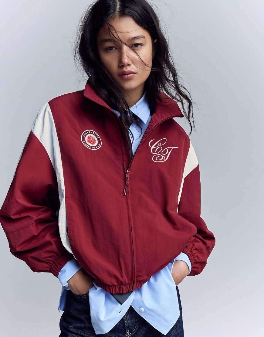 Bershka Lightweight embroidered jacket in burgundy | ASOS (Global)
