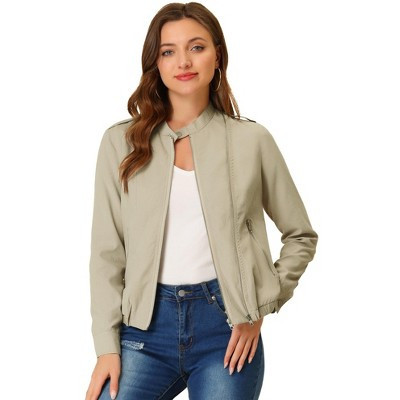 INSPIRE CHIC Women's Stand Collar Zip Up Biker Lightweight Moto Jacket Beige Large | Target