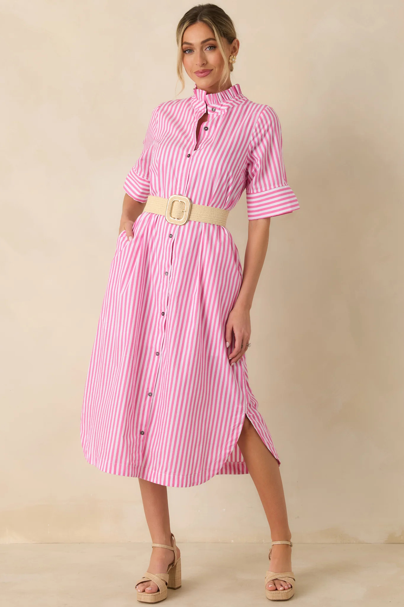 In Perfect Order Pink Stripe Button Front Ruffle Collar Midi Shirt Dress | Red Dress