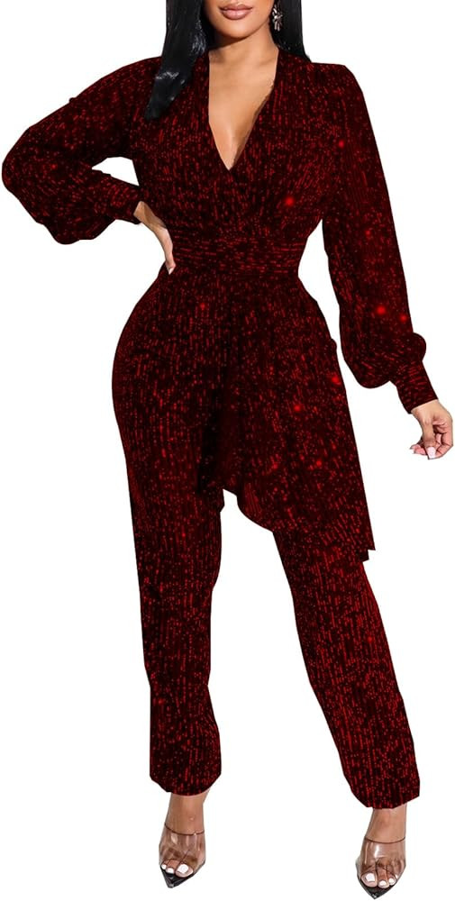 shengfan Women's Casual Long Sleeve Clubwear Party Sexy Sparkly Jumpsuits Elegant Deep V Neck Wid... | Amazon (US)