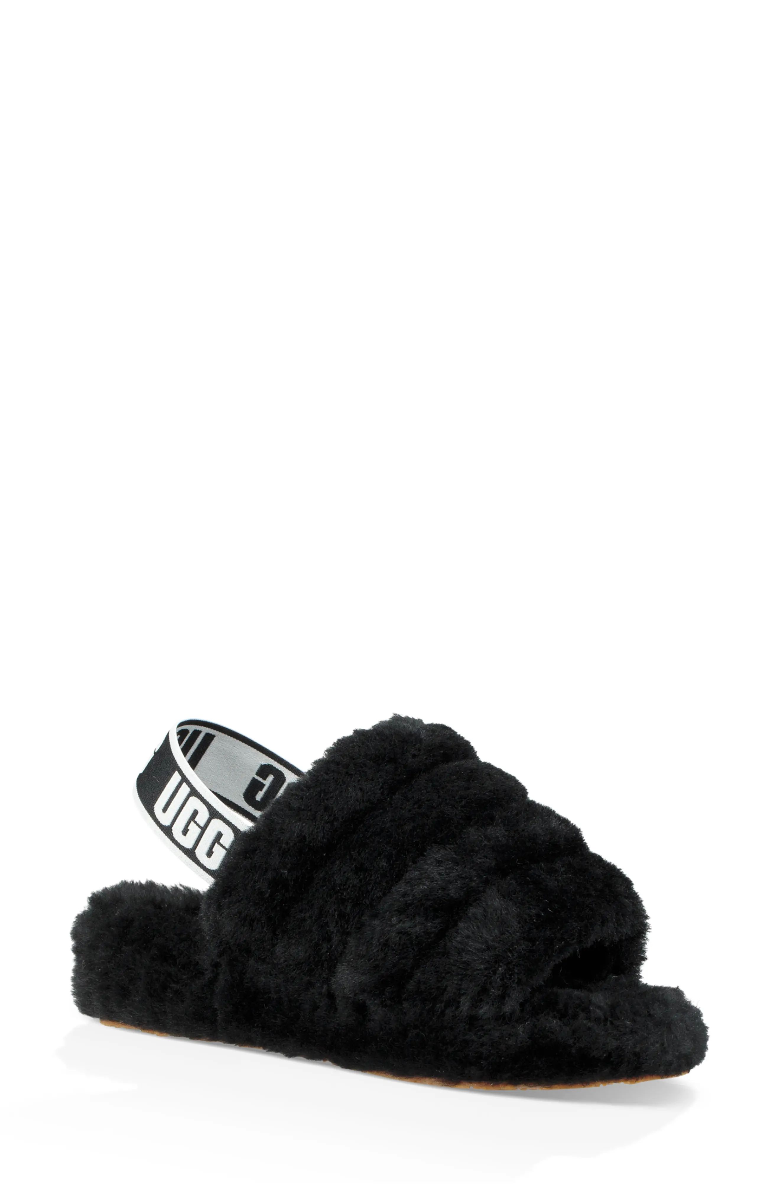 Women's UGG Fluff Yeah Genuine Shearling Slide, Size 5 M - Black | Nordstrom