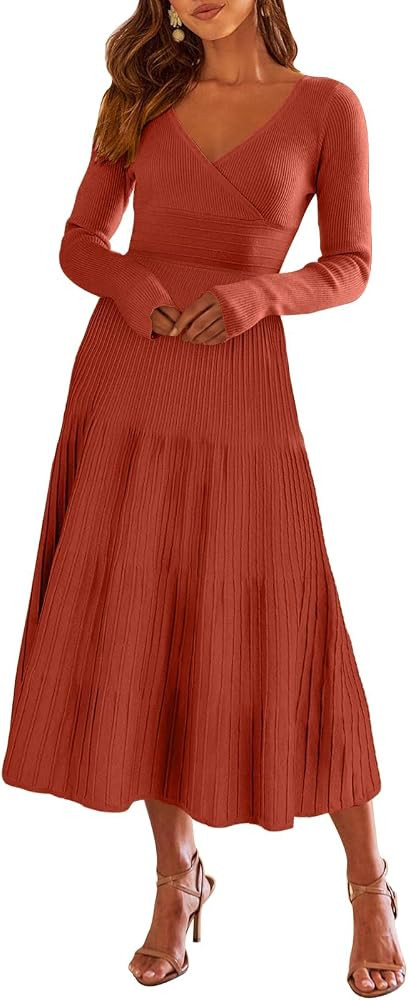 ANRABESS Womens Wrap Midi Sweater Dresses Long Sleeve V Neck Bodycon High Waist Ribbed Knit Pleat... | Amazon (US)