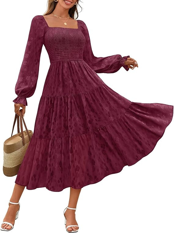 MEROKEETY Women's Fall Long Sleeve Floral Midi Dress Smocked Ruffle Tiered Square Neck Wedding Gu... | Amazon (US)