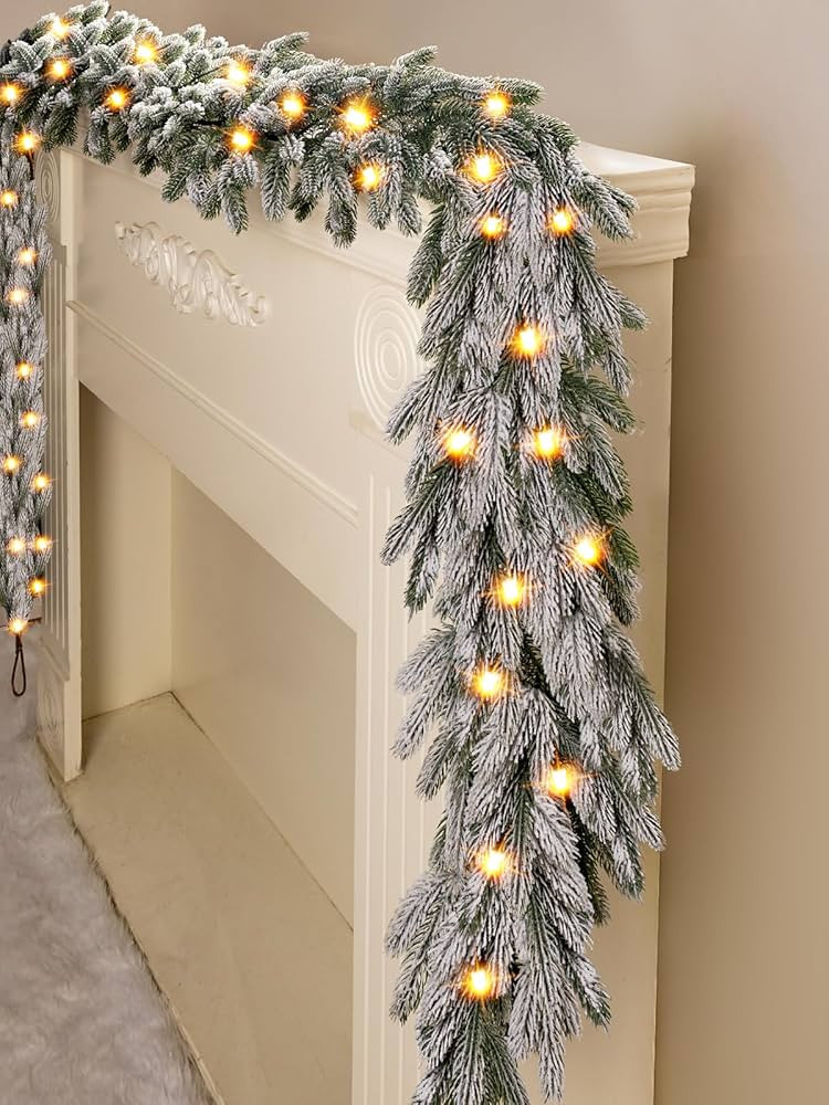 HOHOTIME 9ft Christmas Norfolk Garland with Lights, Artificial Prelit Green Pine Garland with Sno... | Amazon (US)