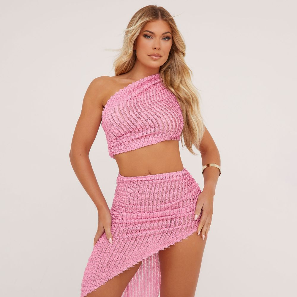 One Shoulder Crop Top And High Waist Split Leg Asymmetric Midi Skirt Co-Ord Set In Pink Shirred | EGO (UK)