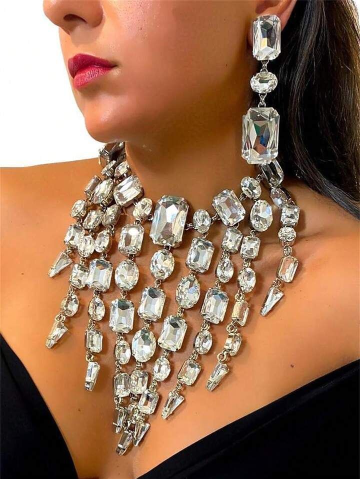 1pc Fashionable Rhinestone Geometric Shape Necklace Earrings Set For Women, Party Evening Dress A... | SHEIN