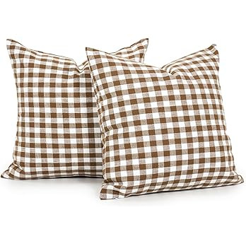 CARRIE HOME Farmhouse Brown and White Gingham Plaid Pillow Covers 18x18 Set of 2, Khaki Checkered... | Amazon (US)