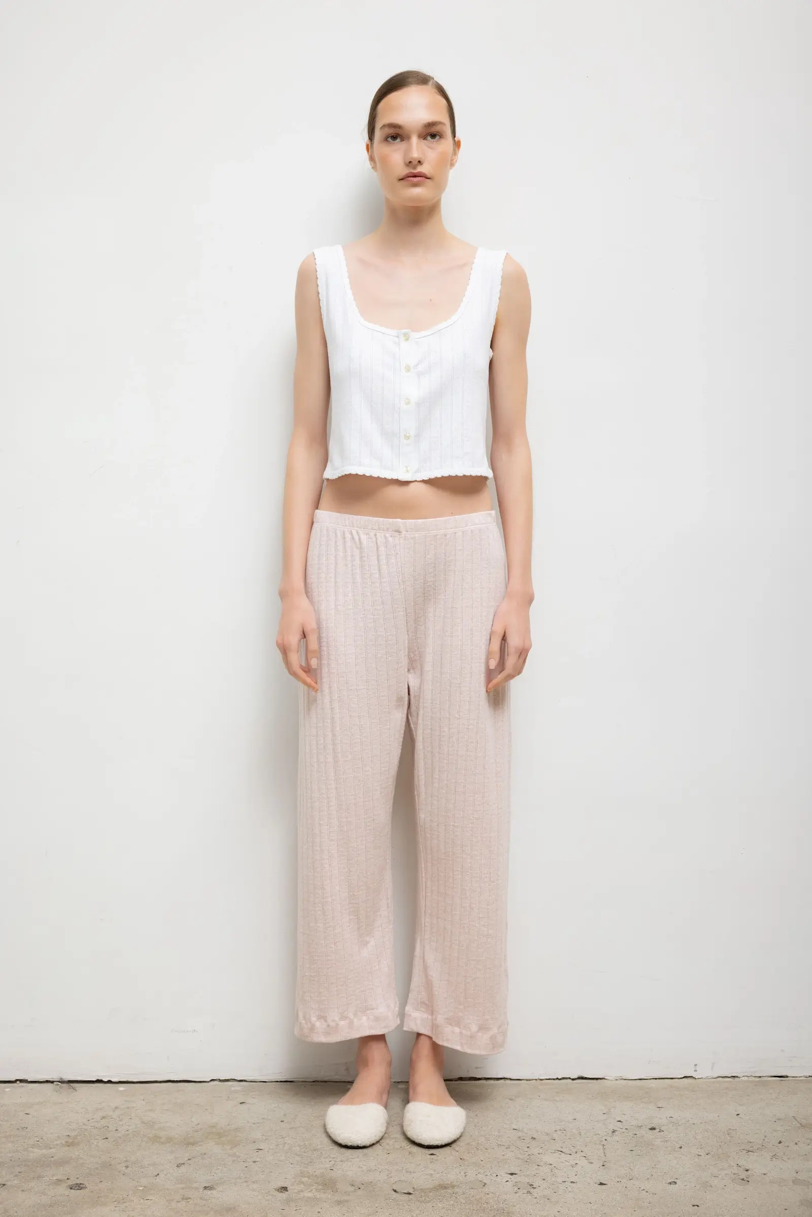 LESET Pointelle Crop Wide Leg Pant in Petal Melange in Cotton | LESET