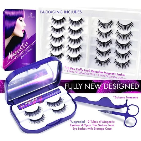 Arishine 3D 5D Magnetic Eyelashes with Eyeliner Kit 10-Pair Reusable Fluffy Magnetic Lashes 2 Pair Natural magnetic Eyelashes with 2 Tubes of Magnetic Eyeliner with Scissors Tweezers & Mirror Case | Walmart (US)