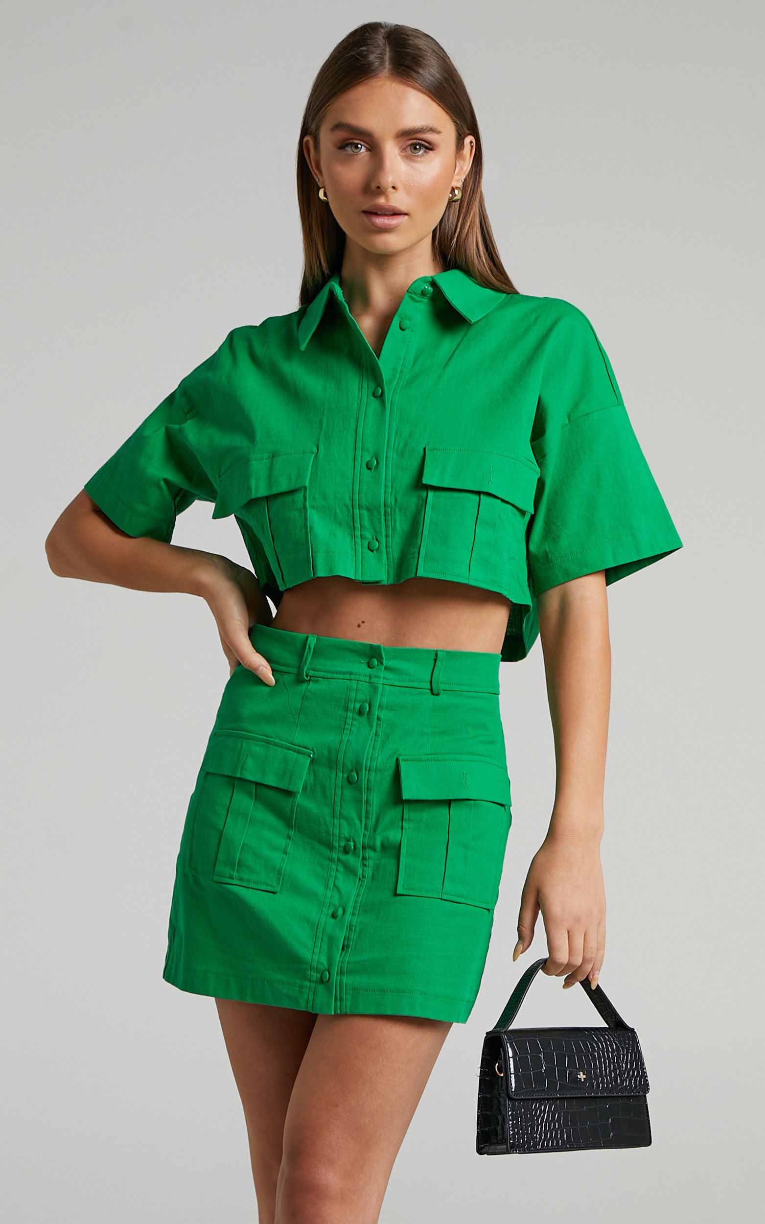 Navine Two Piece Skirt Set with Pockets in Green | Showpo | Showpo - deactived
