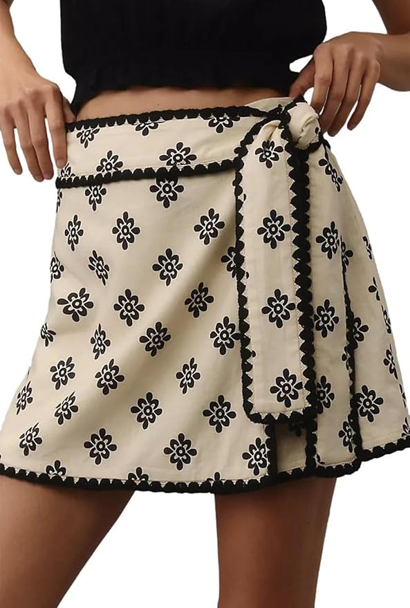 Mini Wrap Skirt Short for Women Flowy Bodycon Print Elastic Waist Fall Casual Beige Skort | Amazon (US)