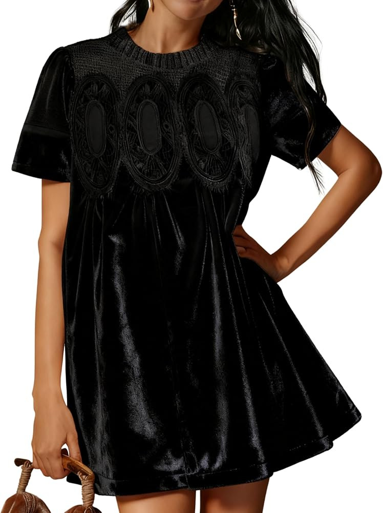 Womens Velvet Lace A-Line Overall Casual Pleated Swing Babydoll Wedding Skirtall Scallop Neck Fla... | Amazon (US)