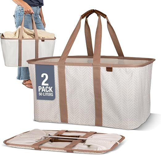 Collapsible Fabric Laundry Basket Tote Premium, Herringbone, 2 Pack | Bring a Polished Look to La... | Amazon (US)