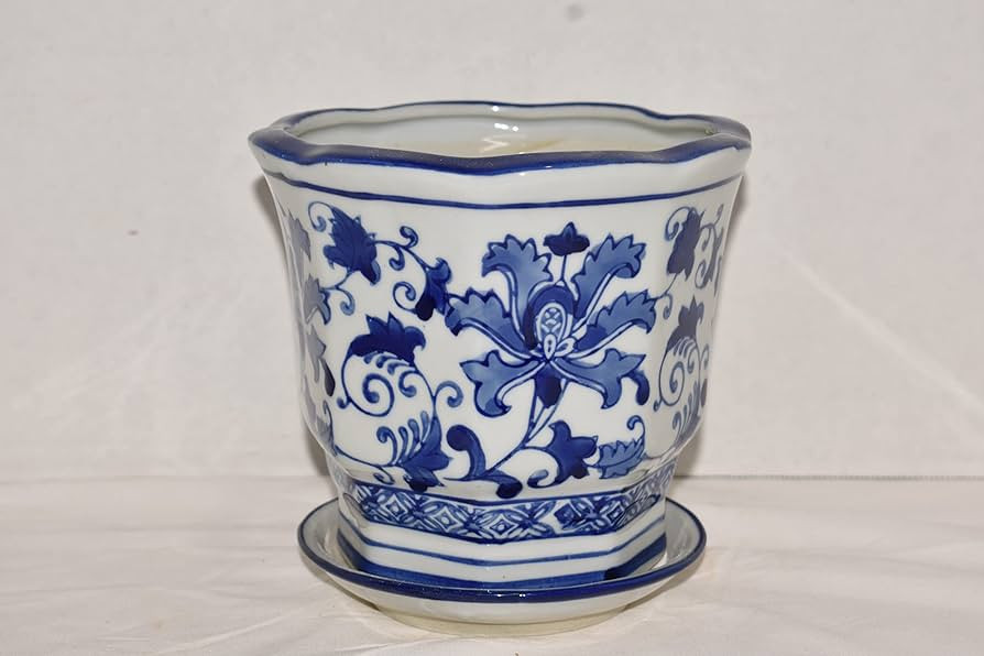 6.5" Beautiful Scalloped Top Oriental Lotus Flowers & Vine Blue & White Ceramic Planter Pot with ... | Amazon (US)