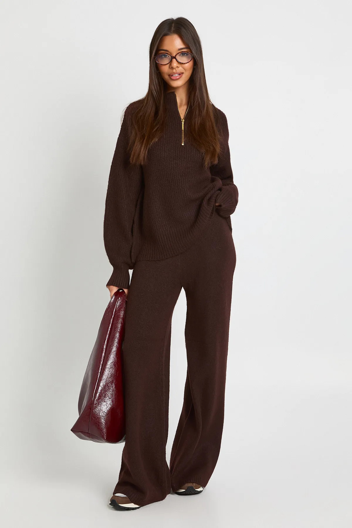 Super Soft Zip Neck Oversized Jumper and Wide Leg Trouser Co-Ord | Boohoo.com (UK & IE)