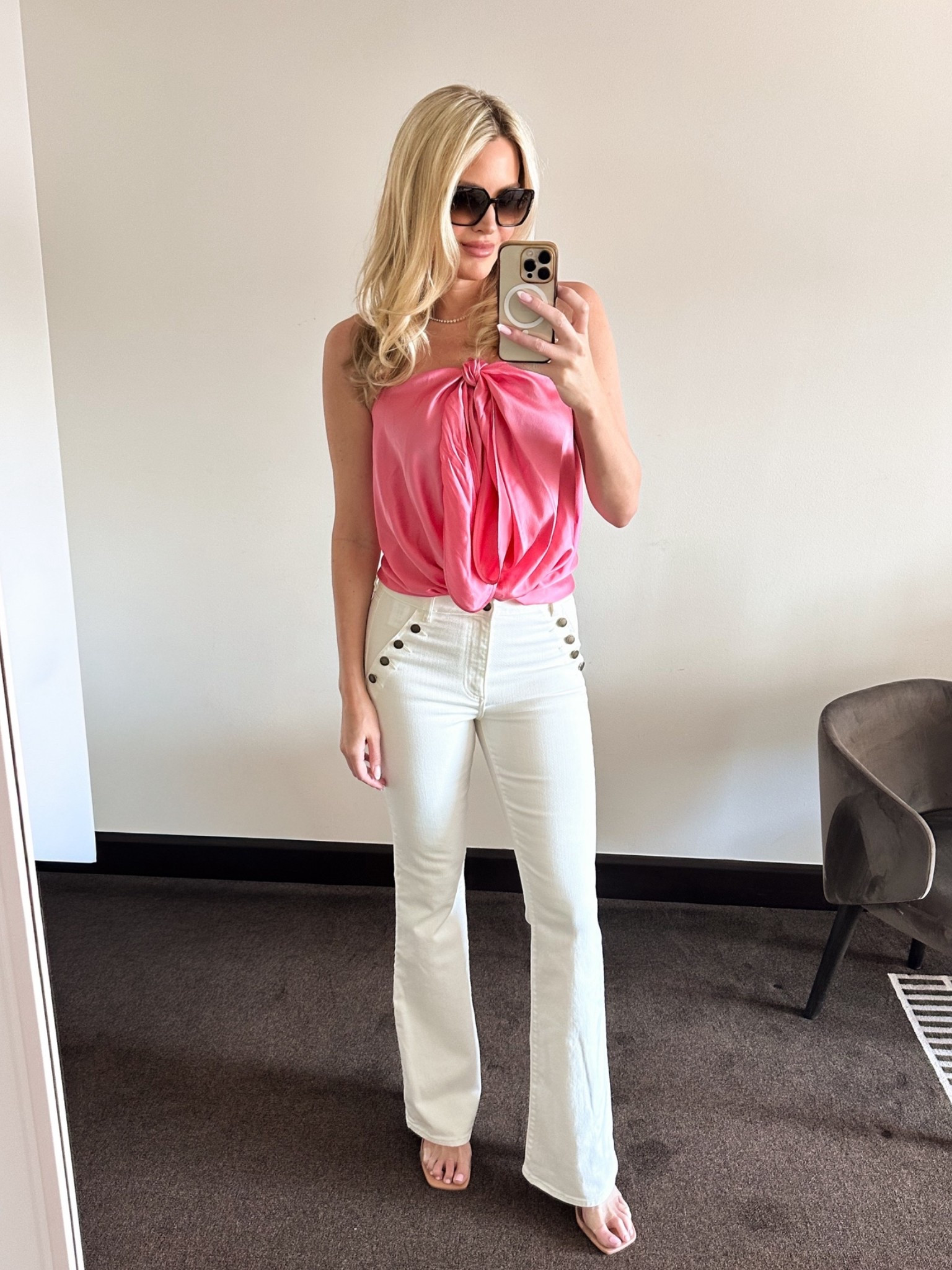 Currently obsessed with this pink satin top 💗

6 ways to wear it, endless outfit combinations. Styled strapless today with white denim and gold accessories.

Pink outfit, vacation style, resort wear, date night look, girls brunch outfit, summer staples, feminine fashion, elevated basics.