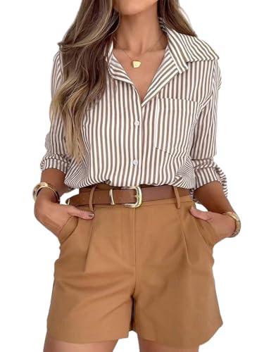 siliteelon Striped Button Down Shirts for Women Dress Shirts Long Sleeve Casual Collared Office Work Shirt with Pocket Brown and White | Amazon (US)