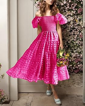 kinstell Casual Summer Midi Dress Puffy Short Sleeve Square Neck Smocked Tiered Ruffle Dresses fo... | Amazon (US)