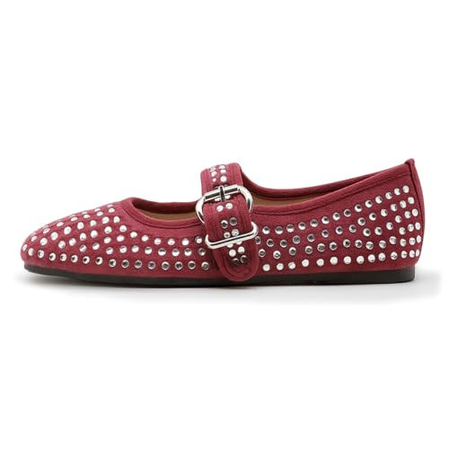 ADAMUMU Rhinestone Studded Ballet Flats for Women Sparkly Round Toe Shoes with Adjustable Buckle Strap, Red, Ideal for Weddings Christmas Parties and Special Occasions | Amazon (US)