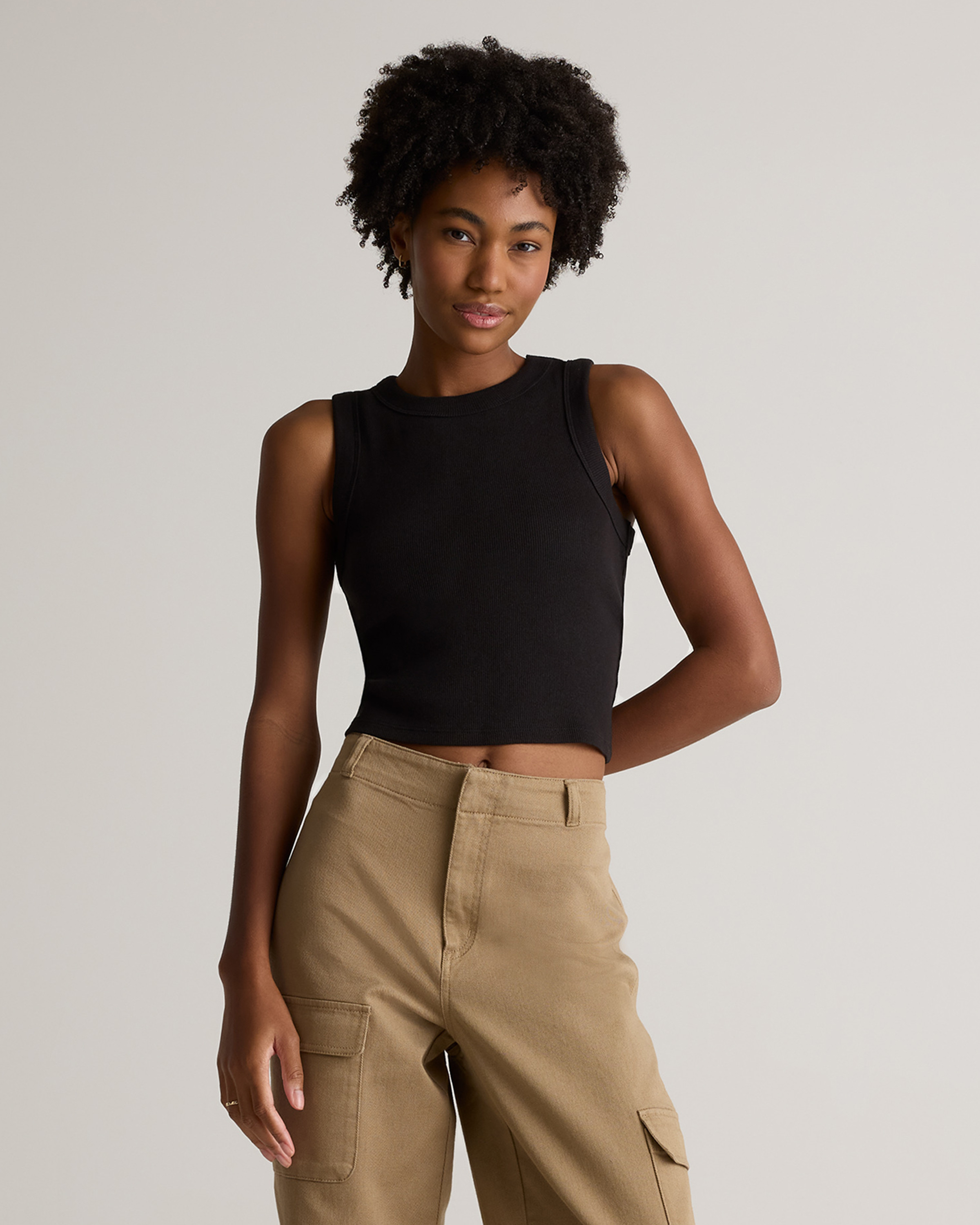 Quince | Women's Micro-Rib Cropped Cutaway Tank Top in Black, Size XL, Organic Cotton | Quince