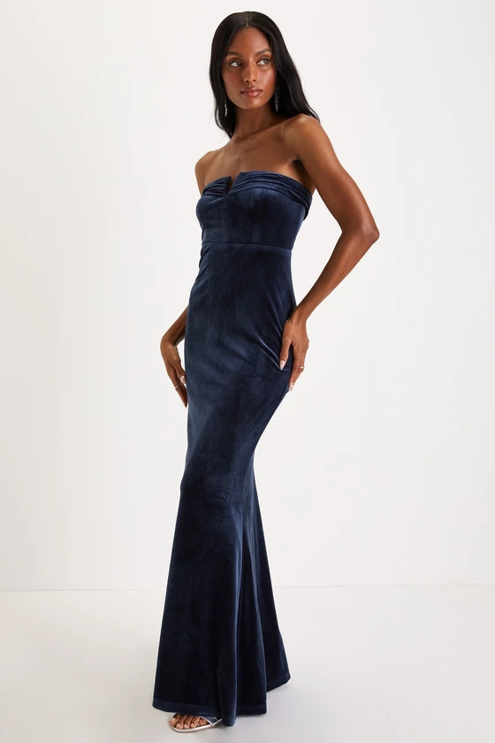 Definite Drama Midnight Blue Velvet Strapless Maxi Dress Formal Fall Wedding Guest Dress #LTKparties | Lulus (US)