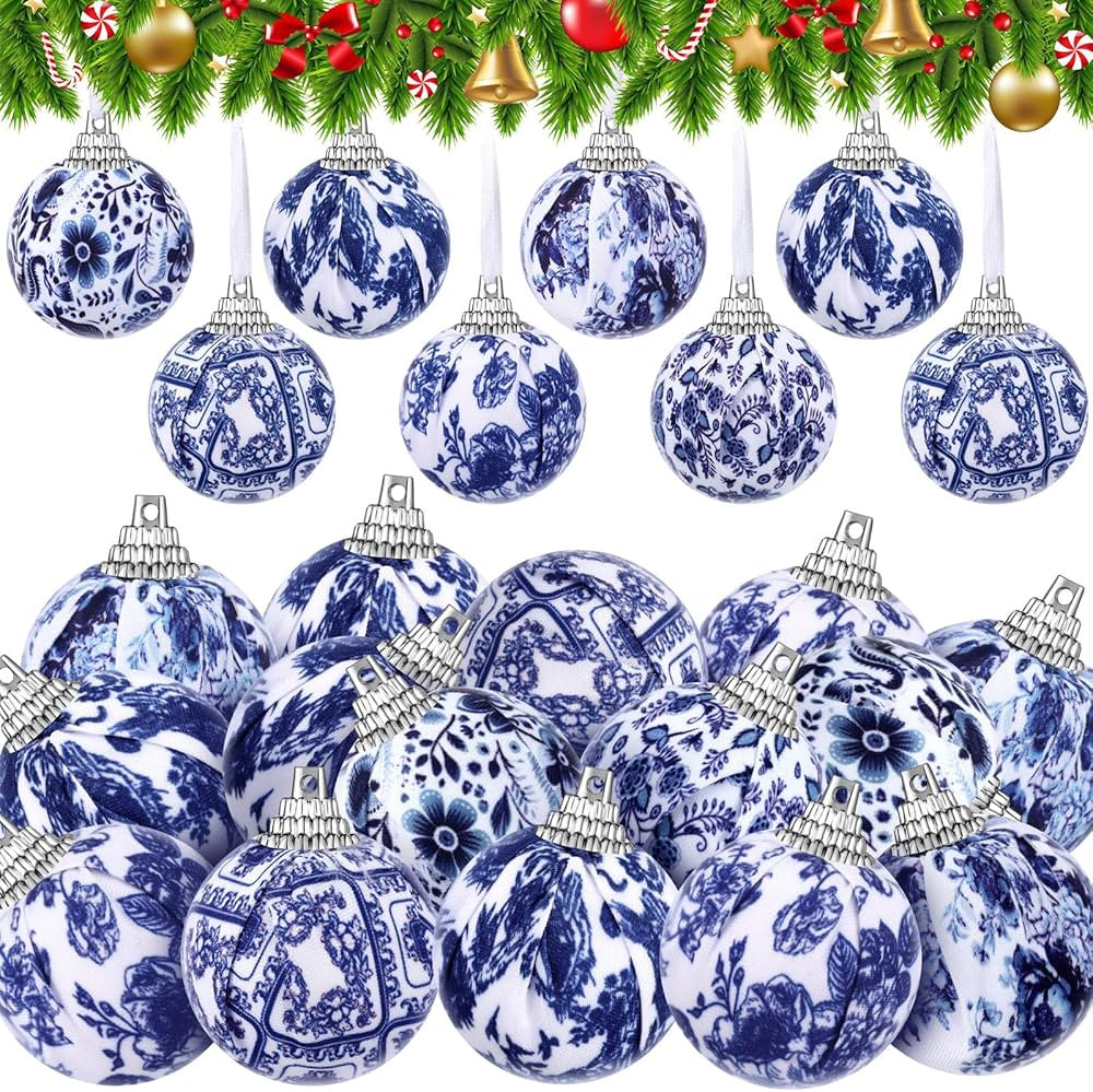 24pcs Christmas Ornament, Foam & Polyester Fabric Wrapped Chinoiserie Ball Ornaments for Xmas Tre... | Amazon (US)