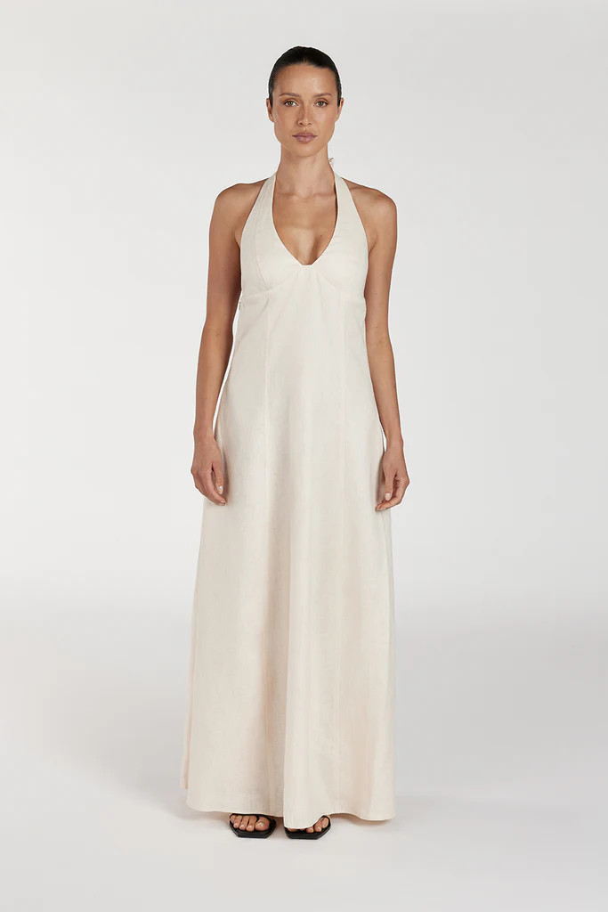 AUDREY CREAM HALTER LINEN DRESS | DISSH