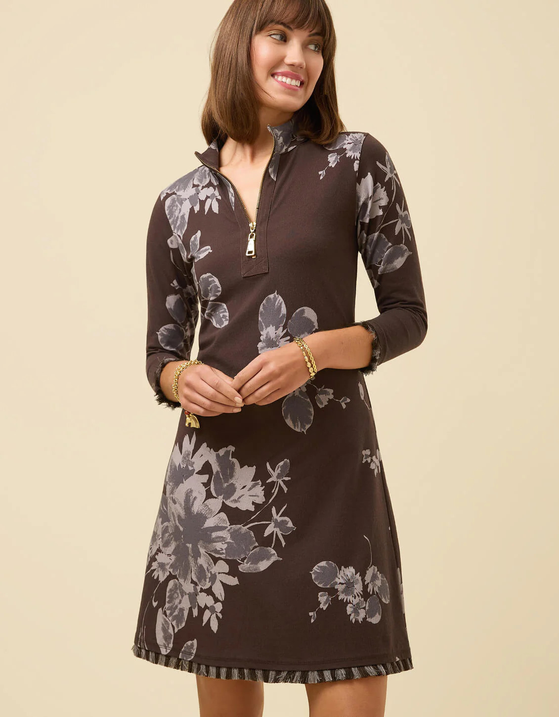 Nora Half-Zip Fringe Dress Etta Floral Ink | Spartina 449
