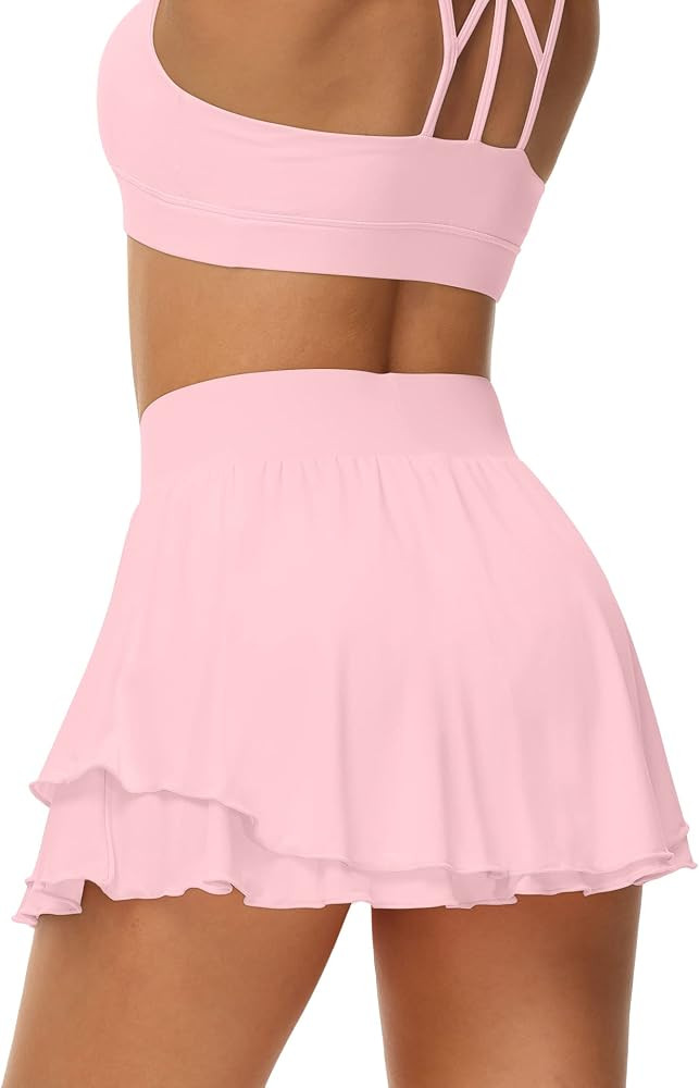 UrKeuf Women's Athletic Tennis Skirts with Pockets 13in Ruffle Golf Running Workout Ice Silk Flowy S | Amazon (US)