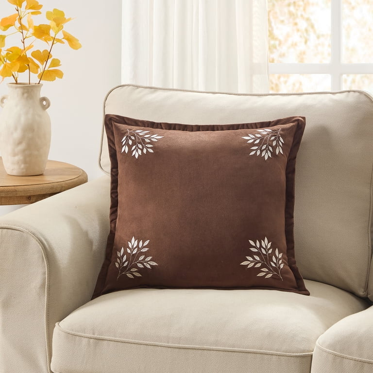 My Texas House 18" x 18" Brown Embroidered Leaves Velvet Decorative Pillow | Walmart (US)