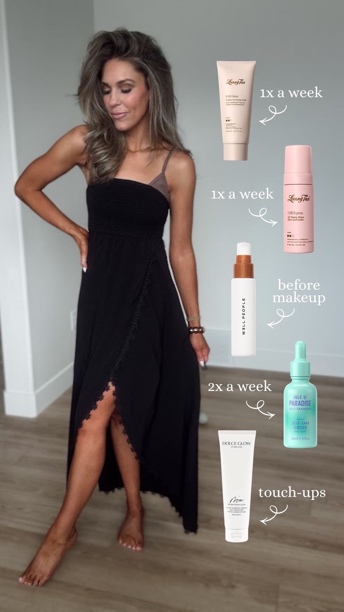The ultimate sunless tanning routine!❤️

Loving tan 2hr mousse (1x a week)
Loving tan dark body lotion (1x in between mousse applications) 
Isle of paradise tanning drops on face (2x a week)
Well people bronzing serum (before makeup)
Dolce glow instant bronze (touch ups)