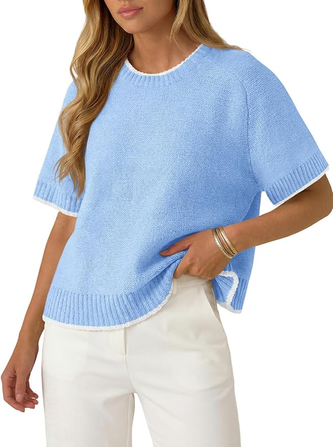 Saodimallsu Womens Short Sleeve Sweaters Casual Crew Neck Lightweight Color Block Loose Fit Summe... | Amazon (US)