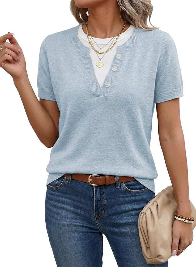 SHEWIN Womens Sweaters Short Sleeve Color Block Tops Lightweight Summer Spring Shirts Business Ca... | Amazon (US)