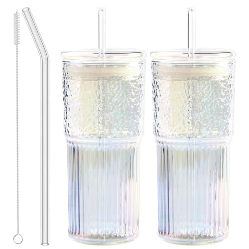 JunVpic Glass Cups with Lids and Straws, 20 OZ Multi Iced Coffee Glasses Tumblers for Ice Water, Juice, Tea, Milk, Smoothie and Cold or Hot Drinks, Set of 2 | Amazon (US)
