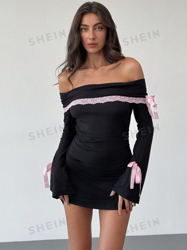 SHEIN Aloruh Vestido mini con hombros al descubierto, encaje y lazo rosa para mujer | SHEIN