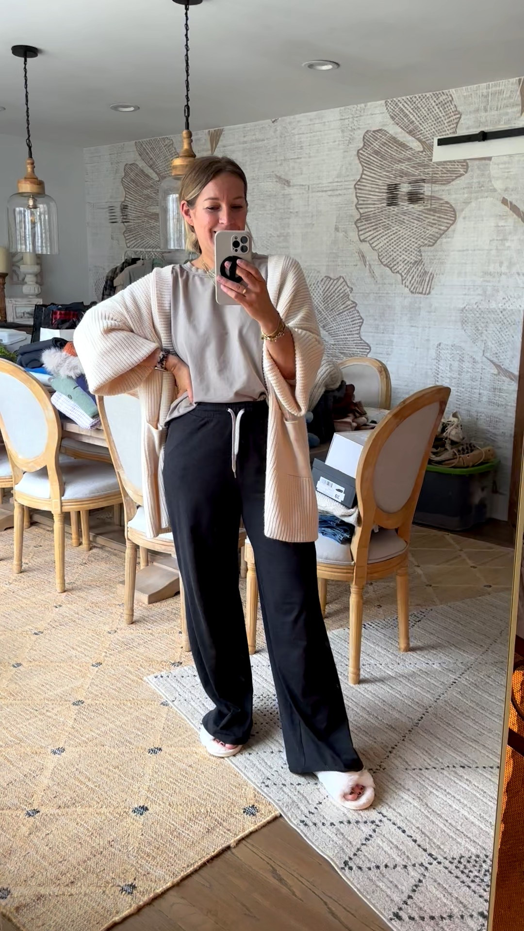 Medium tee and house coat/cardigan and large pants but not necessary. Everything is so soft and cozy. The pants are next level buttery soft, stretchy perfection  

#LTKootd #LTKOver40 #LTKmomlife